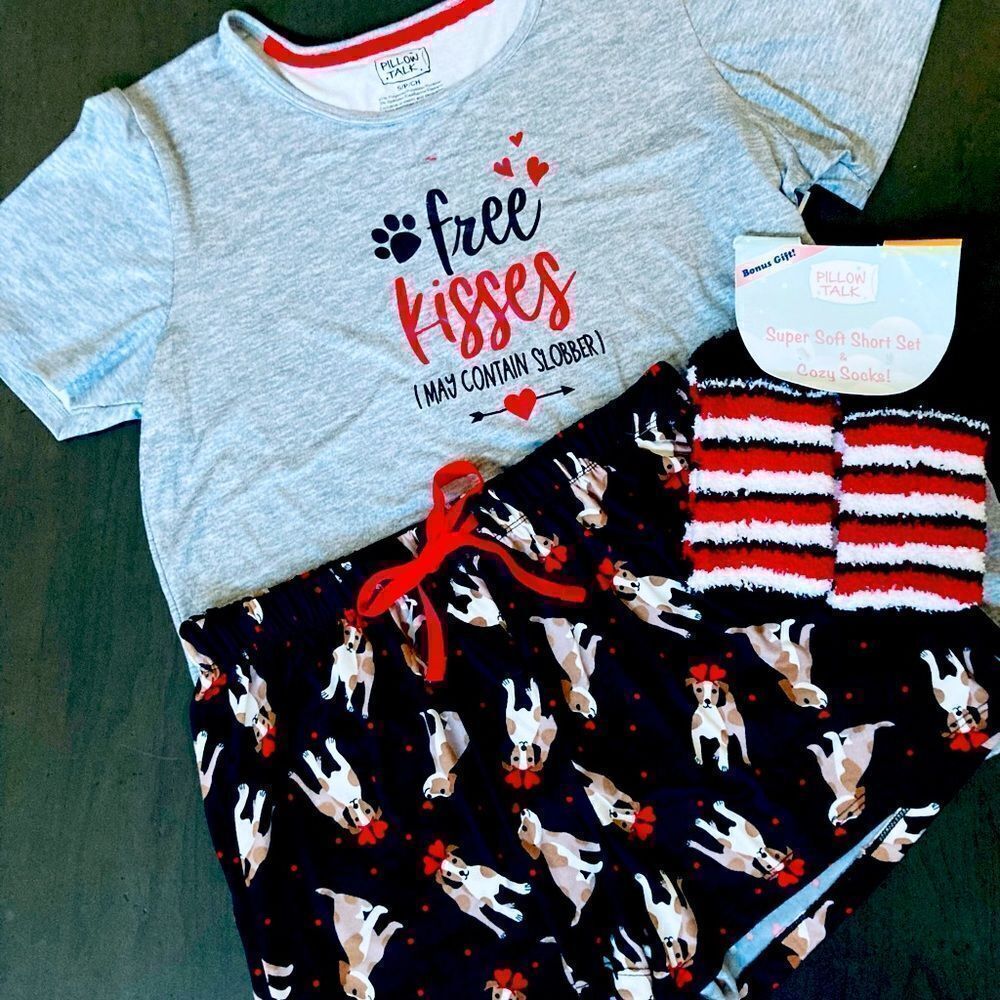 New 3-pc Valentine Dogs Pajamas Sleep Shorts Set S
